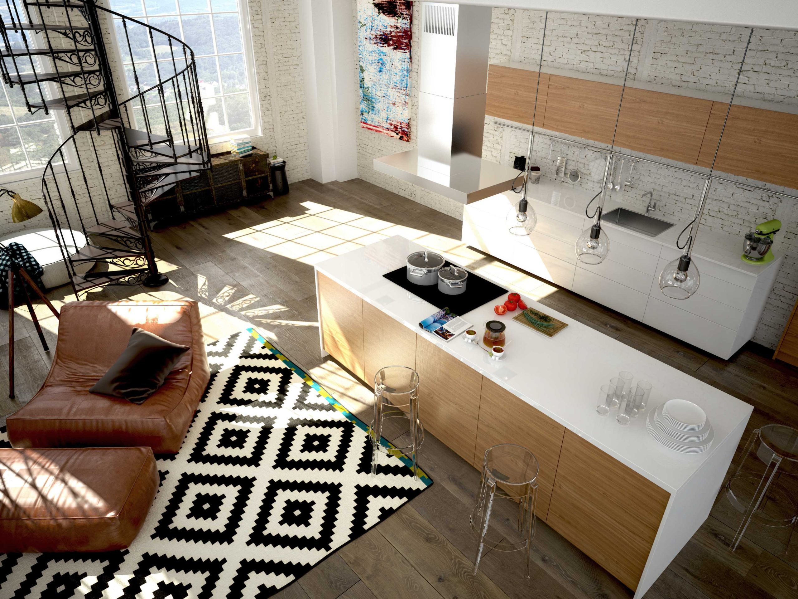 Modern loft with a kitchen. 3d rendering